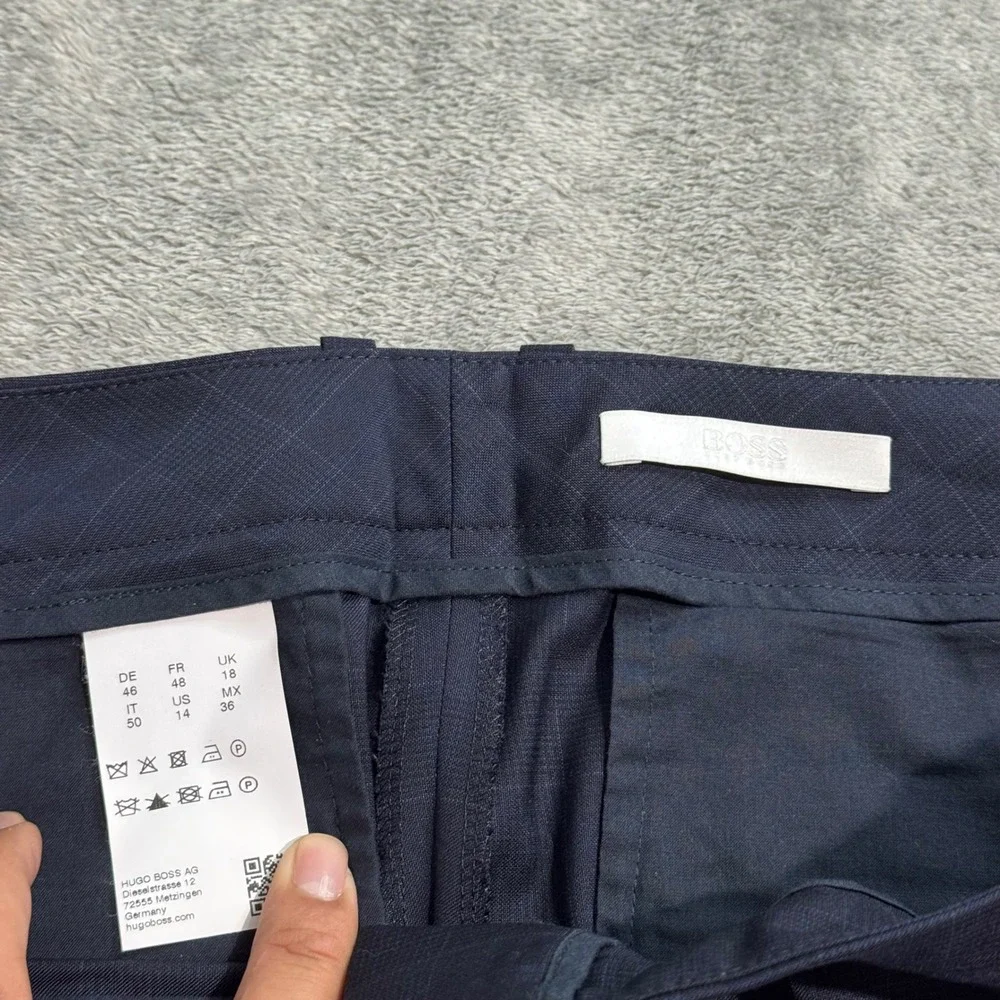 Hugo Boss Mens Navy Blue Glen Plaid 100% Virgin Wool Cuffed Dress Pants 38x23.5